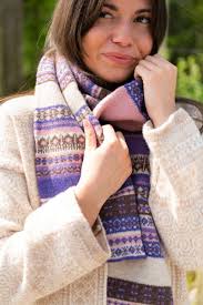 Wool fair isle scarf in our "Clyde" pattern. With purple, pink, beige and  brown.
