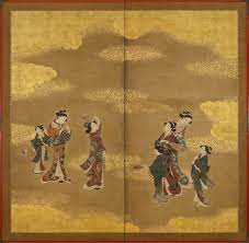 a two fold paper screen painted in ink and colour on a buff ground with gold clouds and sunago sprinkled gold depicting bijin beauties playing hane 日本画 昔 絵