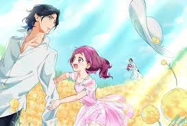 shipu (gassyumaron), george kurai, nono hana, hugtto! precure, precure,  white headwear, highres, 2boys, 2girls, :d, black hair, black pants, blue  sky, blush, brown eyes, collarbone, couple, day, dress, dress shirt, field,  floating
