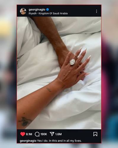 Cristiano Ronaldo and Georgina Rodríguez announced their engagement on  August 11, 2025, with Rodríguez sharing a photo of a striking oval diamond  ring on Instagram, captioned, “Yes, I do. In this and