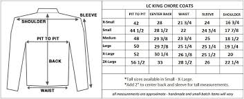 sizing info for lc king jeans coats overalls and shirts