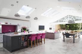 Rear Extension Open Plan Living Large Kitchen Island With Breakfast Bar Vaulted Ceiling Bold Colour Kitchen Layout Kitchen Island Storage Kitchen Plans
