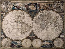 Vintage illustration with world atlas map on antique parchment. Old World Map Tapestry Beige