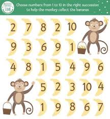 tropical math game with cute characters jungle mathematic maze activity for preschool children choose numbers from 1 to 10 to help the monkey collect the bananas simple summer game for kids 7148255