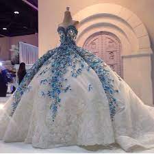 Amazing Arabic Ball Gown Wedding Dresses Blue Floral White Appliques Crystal Beaded With Huge Petticoat Bridal Dress Personalized Strapless Cocktail Wedding Dre Ball Gowns Wedding Gowns Ball Gowns
