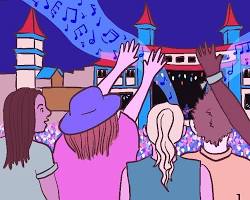 Image of cultural event with people enjoying music and art