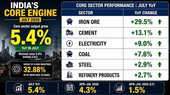 🇮🇳 INDIA IS BUILDING. FAST. Core industries grew 5.4% in July. But the real story is here: ⛏️ Iron Ore +29.5% 🏗️ Cement +13.1% ⚡ Power +9.0% ⚫ Coal +7.6% More roads.