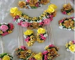 Pink Yellow Flower Gota Patti Jewellry Set Necklace Etsy Wedding Flower Jewelry Flower Jewelry Diy Flower Jewellery