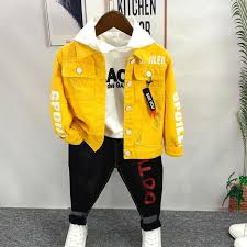 Black And Yellow Outfits For Boys 3pcs Wlg Boys Clothes Kids Yellow Single Breasted Ripped Jacket White Hoodie And Denim Black Jean Set Baby Casual Cl Kids Outfits Boy Outfits Boys Denim Jacket