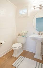 Shiplap Powder Room With Light Wood Floors Cottage Bathroom Cottage Bathroom Light Wood Floors Wood Floor Bathroom