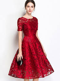 Buy Elegant Embroidery High Waist A Line Dress At Dresssure Com Color Black Blue Red Size Simple Red Dress Midi Short Sleeve Dress Long Sleeve Skater Dress