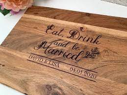 Personalised Eat Drink And Be Married Chopping Board Etsy Personalised Chopping Board Wood Chopping Board Personalized Wedding Gifts
