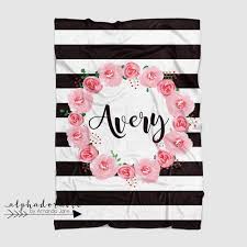 Black And White Striped Baby Blanket Black And White Striped Floral Minky Blanket Custom Baby Blanket Floral Minky Blanket Customized Blankets