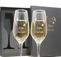 Personalized Champagne Flute Glass Set - "Engagement Rings"