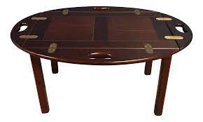 The table top is crafted from layered plywood with a melamine layer completing the top. 20th Century Contemporary Dark Wood Bombay Butler Tray Coffee Table Chairish