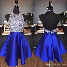 2018 Royal Blue Sparkly Homecoming Dresses A Line Hater Backless Beading Short Pa Halter Homecoming Dress Backless Homecoming Dresses Royal Blue Cocktail Dress