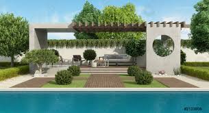 Company number 12728517 vat number 353084018 Luxus Garten Mit Betonpavillon Und Grossem Pool Foto Vorratig Crushpixel