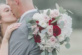 Pink king protea and greenery wedding bouqut. Red Carnations Blush Pink Roses And White Hydrangeas Floral Bridal Bouquets With Silver Dollar Eucalyptus Greenery Marry Me Tampa Bay Most Trusted Wedding Vendor Search And Real Wedding Inspiration Site