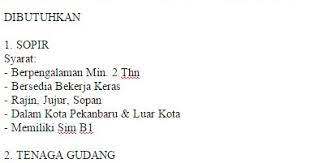 Lowongan kerja supir bus efisiensilowongan kerja terbaru pt transjakarta mencari lowongan kerja yang relevan dapat. Lowongan Kerja Sopir Tenaga Gudang Tanpa Ijazah Karir Riau