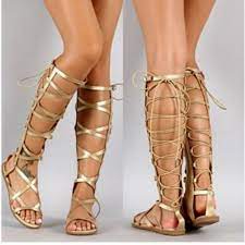 New Women Gold Strappy Gladiator Knee High Tall Sandals Gladiator Sandals Heels Gladiator Shoes Gold Gladiator Sandals