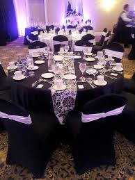 Black And White Striped Spandex Chair Covers Black Spandex Chair Cover With White Band And Broach And Damask Runners Www Eleg Com Purple Themes Black And White Decor Diy Wedding Theme