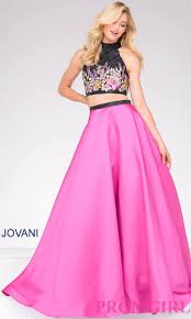 Jovani High Neck Two Piece Prom Dress With Black Floral Embroidered Top And Fuchsia Pink Skirt Styl Prom Dresses Jovani Piece Prom Dress Prom Dresses For Sale