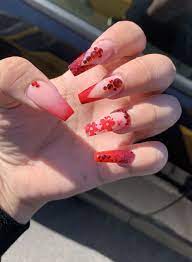 Long Red Coffin Acrylic Valentine S Nails Nail Designs Valentines Rose Nails Valentines Nails