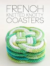 These knitted coasters are made using simple knitting techniques, such as garter stitch, kfb (knit into front and back of stitch) and k2tog (knit the next two stitches together). French Knitted Knotted Coasters My Poppet Makes