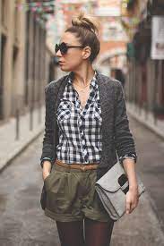 Belted Army Green Shorts Gingham Shirt Outfit Shorts With Tights Fashion