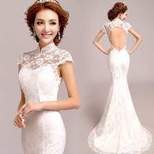 Abd 2279 165 Open Back Mandarin Collar Cap Sleeve White Lace Mermaid Cheongsam Trailing Prom Dress 001 Red Bridal Dress Modern Wedding Dress Cheongsam Wedding