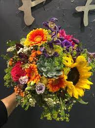 Wedding Bouquet Sunflower Succulent Plant Gypsophila Pink Floyd Roses Wax Flower Bupleurum Alch Colorful Wedding Bouquet Wedding Flowers Vibrant Bouquet