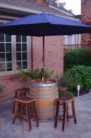 Wine Barrel Bar Table With Umbrella 4 Stools By Backyard Barrel Company 799 Bartables Backyard Table Wine Barrel Bar Wine Barrel Garden