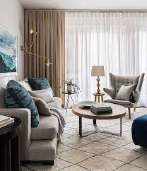 Beige Linen Curtains Patterned Shag Area Rug Gray Sofa Teal Accents Modern Beige Sofa Living Room Beige Curtains Living Room Living Room Design Modern