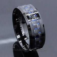 Black And Blue Wedding Bands For Him Men S Tungsten Ring With Carbon Fiber 8mm Black And Blue Wedding Band Size 6 14 Rings For Men Blue Tungsten Ring Tungsten Mens Rings