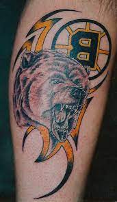 Steve lang of mount prospect has a chicago blackhawks tattoo on one leg and a tattoo honoring boston bruins player bobby orr on the other. Boston Bruins Tattoos Sport Tattoos Hockey Tattoo Boston Bruins