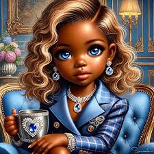 A stunning oil painting of an adorable young African American girl with  large expressive blue eyes and dark skin. She has long wavy blonde hair and  is wearing a stylish blue suit