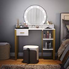 47.25'' w x 18'' d. Gold And White Tribesigns Gold Vanity Table With Lighted Mirror And Drawer Dresser Desk Vanity Set For Bedroom Makeup Vanity Dressing Table With 8 Lights And Two Shelves For Women Bedroom Furniture