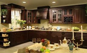 Furturistic Design Of Dark Cherry Finish Wood Kitchen Cabinet With L Shape Layout And Tempered Glass Pa Country Kitchen Country Kitchen Colors Kitchen Cabinets