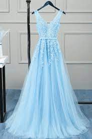 Romantic Tulle Lace V Back Sky Blue See Through Prom Dress Formal Dress 21111222 In 2021 Baby Blue Prom Dresses Prom Dresses Yellow Tulle Bridesmaid Dress