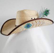 Special Order Rhinestone Peacock Feather Straw Cowboy Hat Cowboy Hats Straw Cowboy Hat Cowgirl Bling