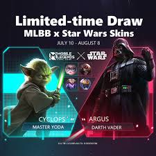 MLBB x Star Wars skins are available for a limited time. Join MLBB x Star  Wars event for a chance to win Argus "Darth Vader", Cyclops "Master Yoda",  Chang'e "Lunar Magic", Saber "
