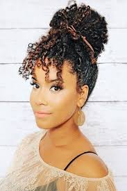 The Best Hairstyles To Pair With Bangs Curly Hair Styles Naturally Natural Hair Bun Styles Natural Hair Styles
