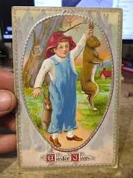 Old Postcard Victorian Era HAPPY EASTER Hamilton Ohio Jack Rabbit Hunting  Bunny