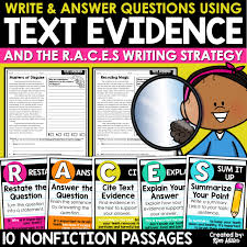 Citing Text Evidence Reading Passages Worksheets RACES Writing Strategy  Prompts - A Love of Teaching | Kim Miller
