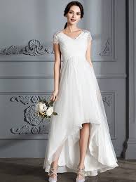 A Line Princess V Neck Short Sleeves Asymmetrical Tulle Wedding Dresses Wedding Dresses High Low Asymmetrical Wedding Dress Wedding Dresses Taffeta