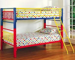Queen over queen bunk beds are the ideal solution when you need room for overnight guests to spread out and get comfortable, or when popularized by artists in the 1980s, industrial loft spaces are now one of the most popular living options in large urban areas. Metal Bunk Bed Yellow Blue And Red Kids Bunk Beds Twin Bunk Beds Bunk Bed Designs