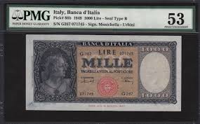 Italy 1949 1 000 Lire Banca D Italia Note Menichella Urbini Scwpm 88b Pmg About Uncirculated 53 Pinholes Worldp Sell Coins Coin Auctions Credit Card Visa