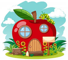 Download Red Apple House And Cute Worm In The Garden Cartoon Style On Sky Background For Free In 2020 Apple Illustration Apple Home Red Apple