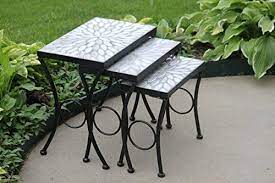 Amazon Com Set Of 3 Cement Oval Mosaic Tile Top Accent Side Tables Nesting Garden Outdoor Outdoor Patio Side Table Patio Side Table Accent Side Table