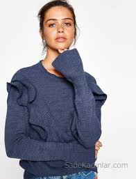 Koton 2019 2020 Sonbahar Kis Koleksiyonu Kazak Ve Hirka Modelleri Lacivert Kazak Yuvarlak Yaka Firfir Detayli Kiyafet Kombinleri Moda Stilleri Kazak Elbise Hirkalar